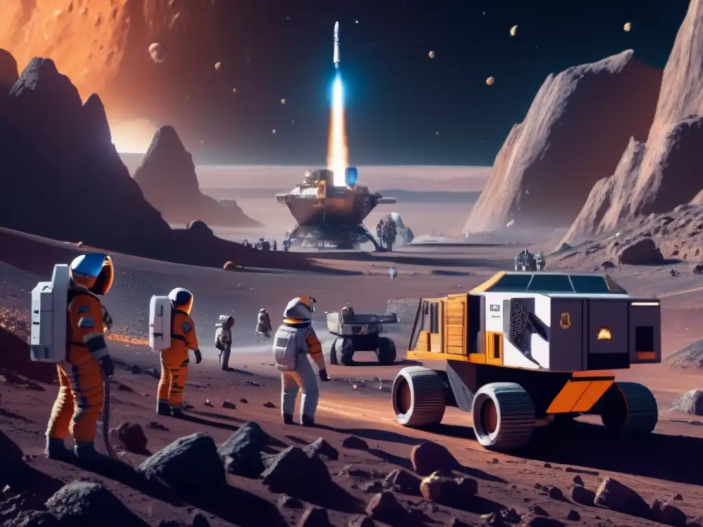 Explotación de asteroides: Astronautas minando minerales en un paisaje alienígena, mezclando tecnología y exploración espacial