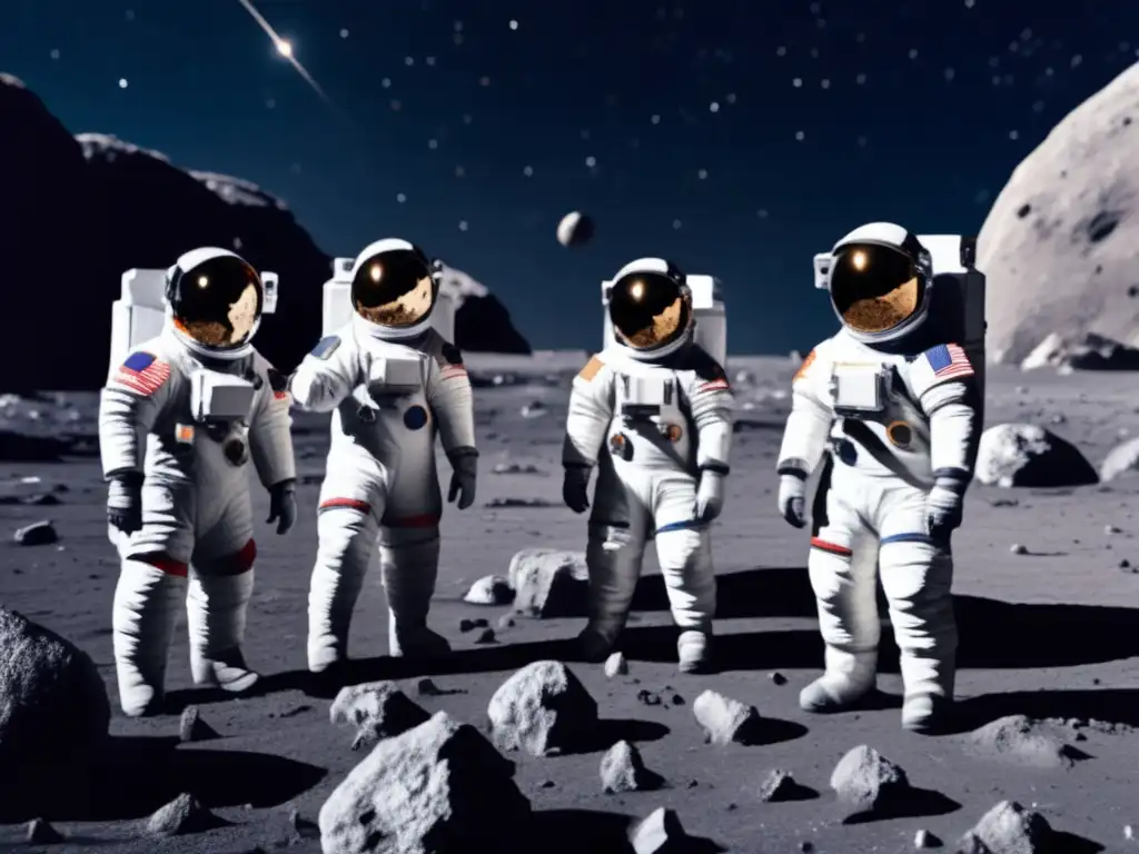 Exploración ética de asteroides: Astronautas en trajes espaciales en la superficie rocosa de un asteroide, rodeados de estrellas