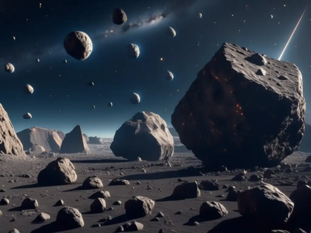 Asteroides basálticos: Mitos y verdades en asombrosa imagen 8K de campo vasto, con rocas flotantes y textura volcánica