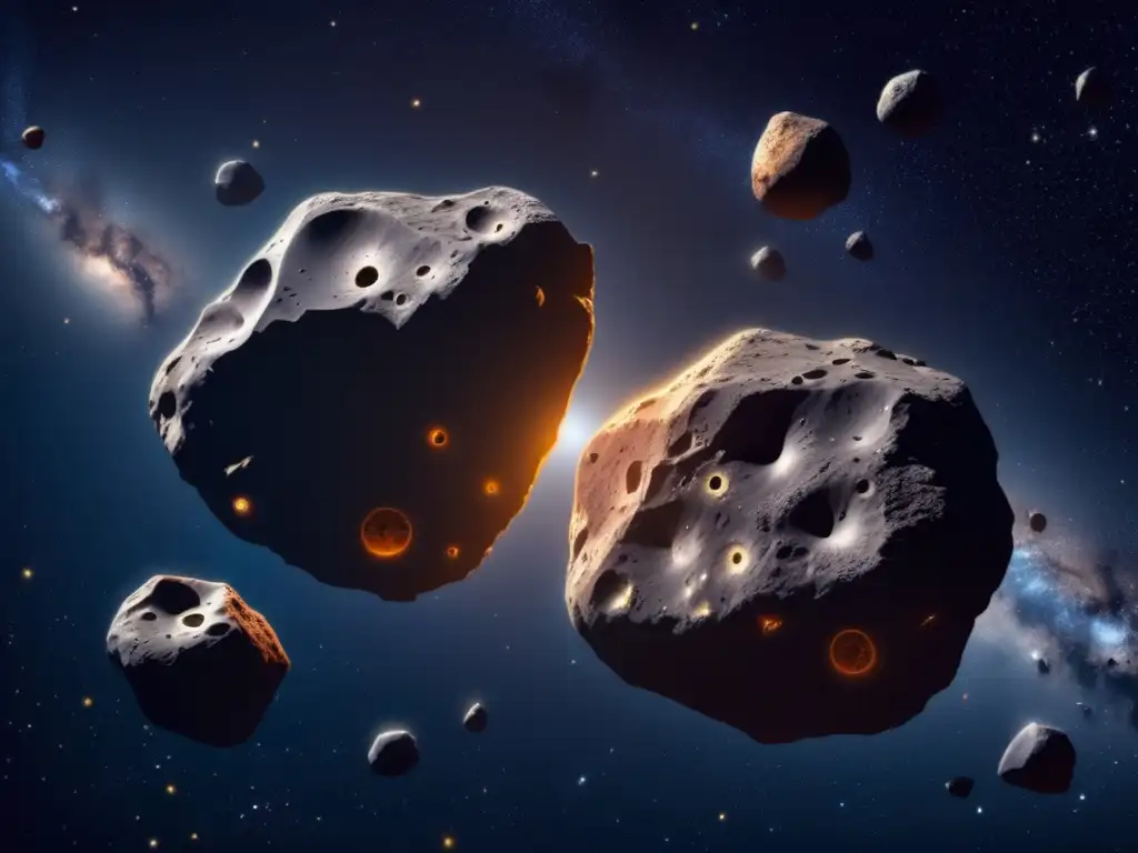 Identificación asteroides binarios: Dos asteroides orbitando en el espacio profundo, con superficies rugosas y llenas de cráteres y rocas