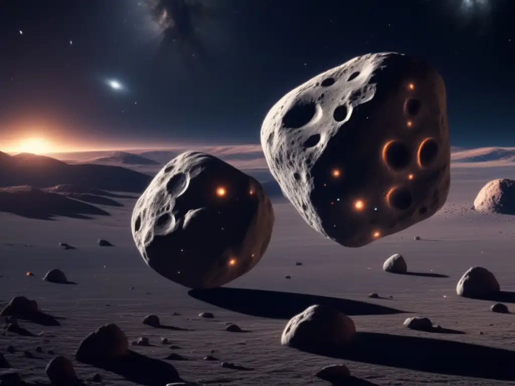 Asteroides binarios en dimensiones: dos asteroides orbitando en el espacio, uno rocoso y otro metálico, rodeados de galaxias y nebulosas