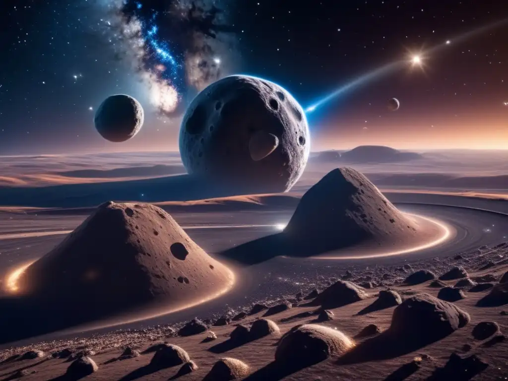Asteroides binarios en evolución espacial: belleza y complejidad en imagen 8k detallada