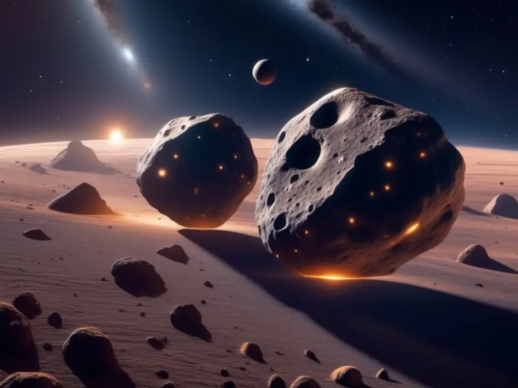 Asteroides binarios en evolución espacial: imagen 8k detallada de dos asteroides conectados por un puente de polvo y escombros