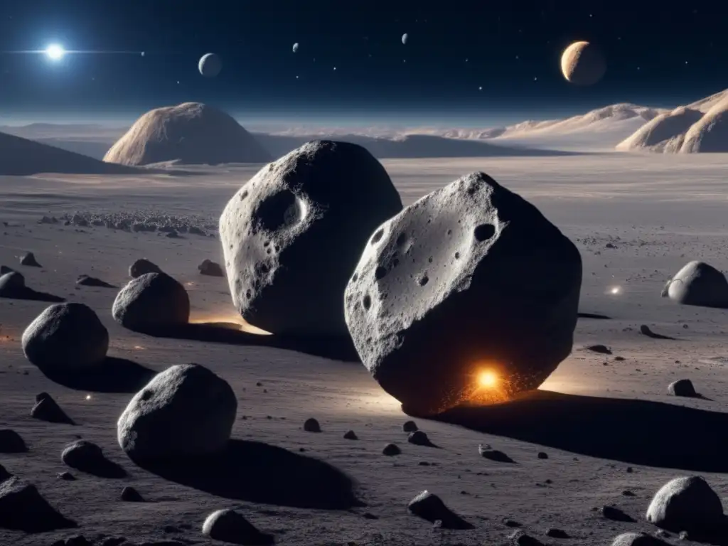 Exploración y colonización de asteroides binarios: Imagen impactante de sistema binario de asteroides en 8k, con detalles y belleza celestiales