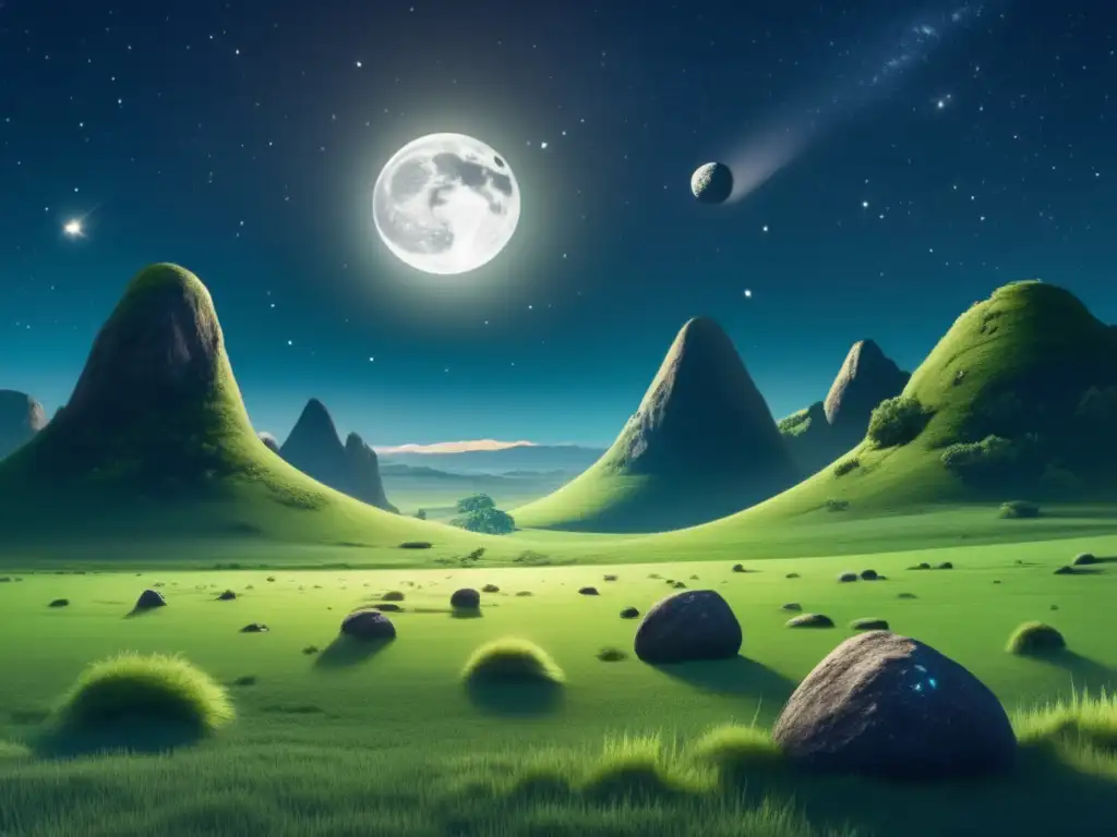 Amenaza: asteroides binarios impacto Tierra, noche serena, luna llena, colinas verdes, equilibrio belleza-peligro
