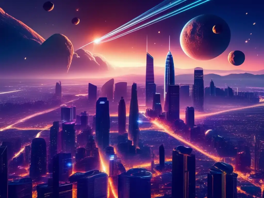 Amenaza asteroides binarios impacto Tierra: Imagen 8k de ciudad nocturna con rascacielos y asteroides metálicos interconectados por energía