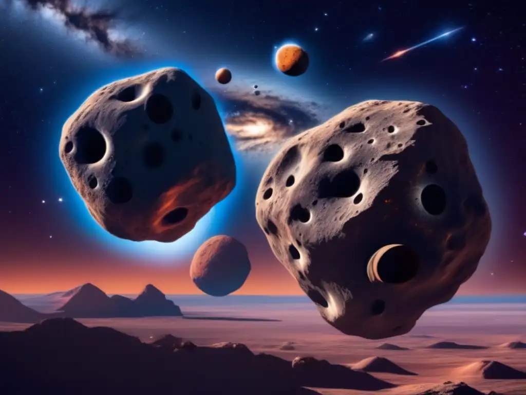 Asteroides binarios orbitando en nebulosa, revelando detalles y texturas de sus superficies rocosas