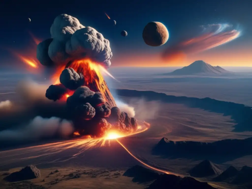Misión asteroides C: Impacto de asteroide C en la Tierra, paisaje alterado, cielo oscuro
