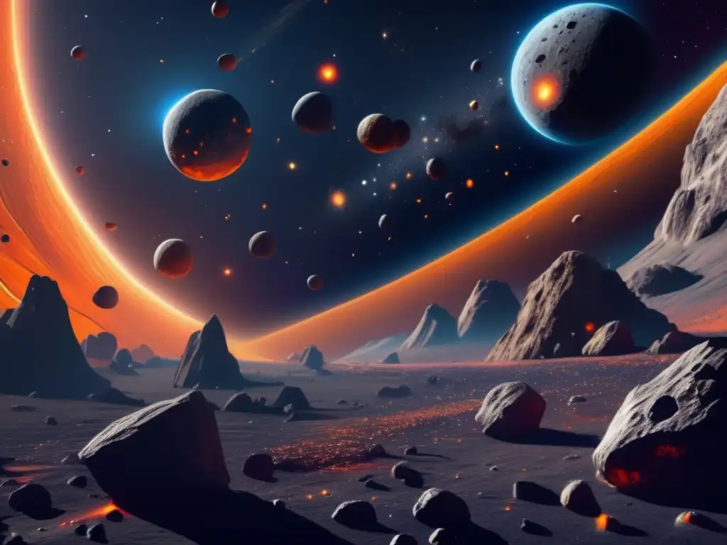 Asteroides en un campo vasto y cautivador, con colores contrastantes y detalles intrincados