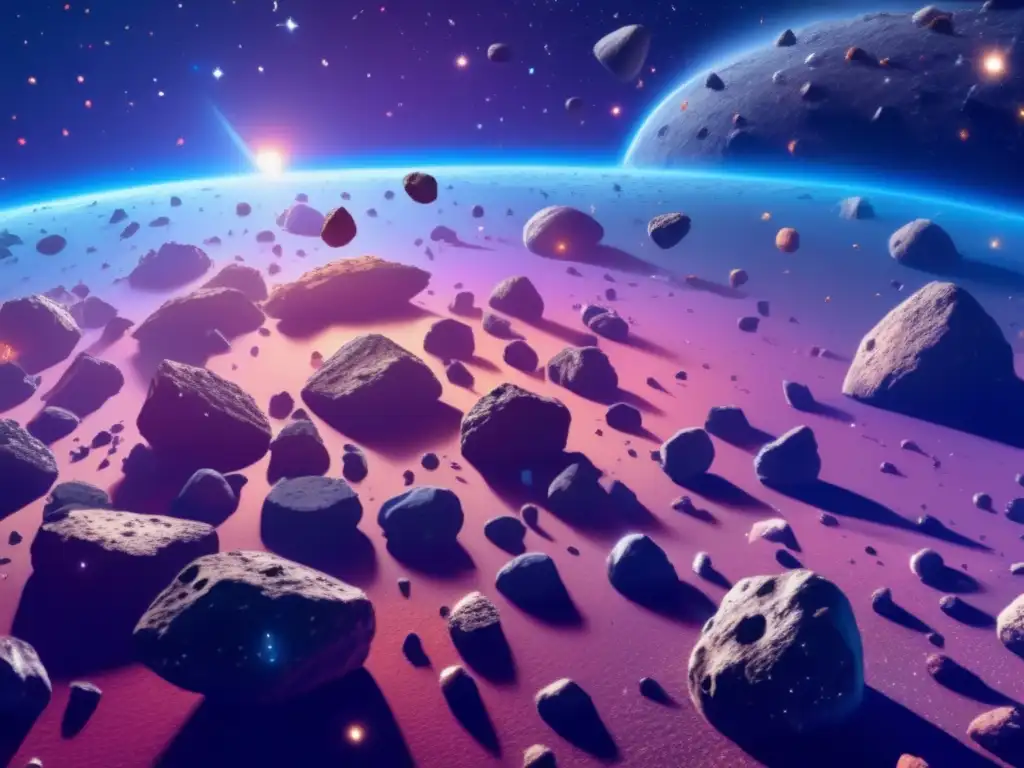 Exploración y explotación de asteroides en un campo vasto de rocas espaciales de colores vibrantes, formas diversas y misteriosas