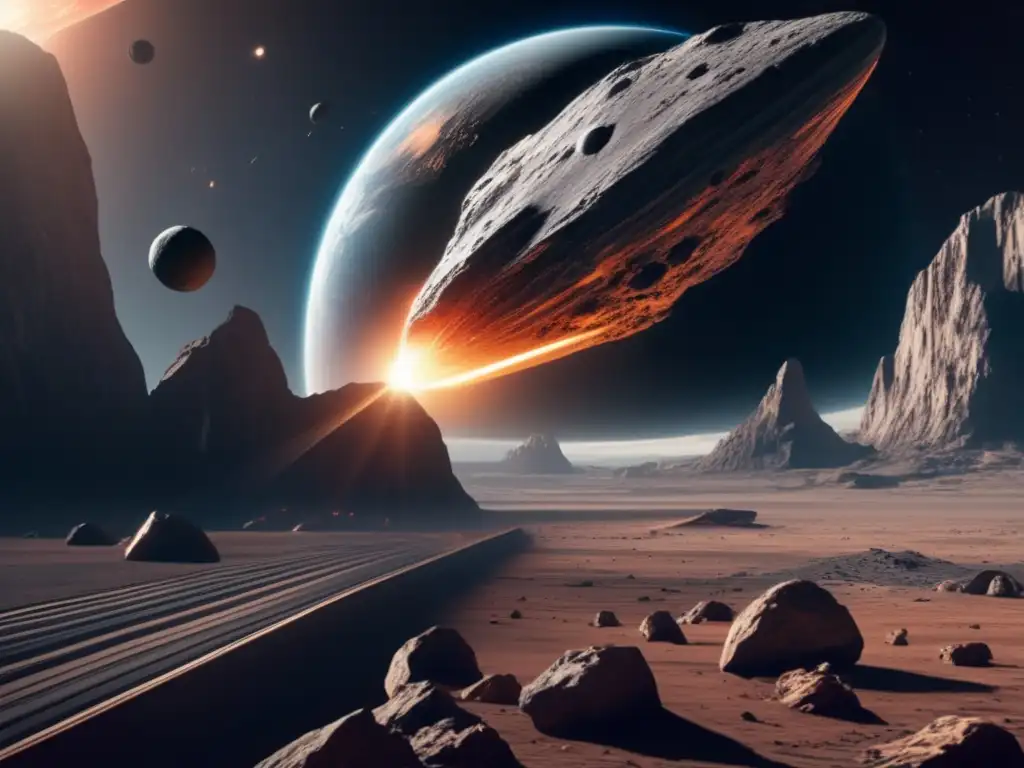 Desviando asteroides para evitar catástrofes: Imagen 8K muestra una escena espacial futurista con un asteroide masivo acercándose a la Tierra