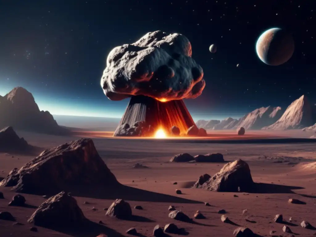 Desviando asteroides para evitar catástrofes: ingenieros y científicos en control room frente a asteroide 8K acercándose a la Tierra