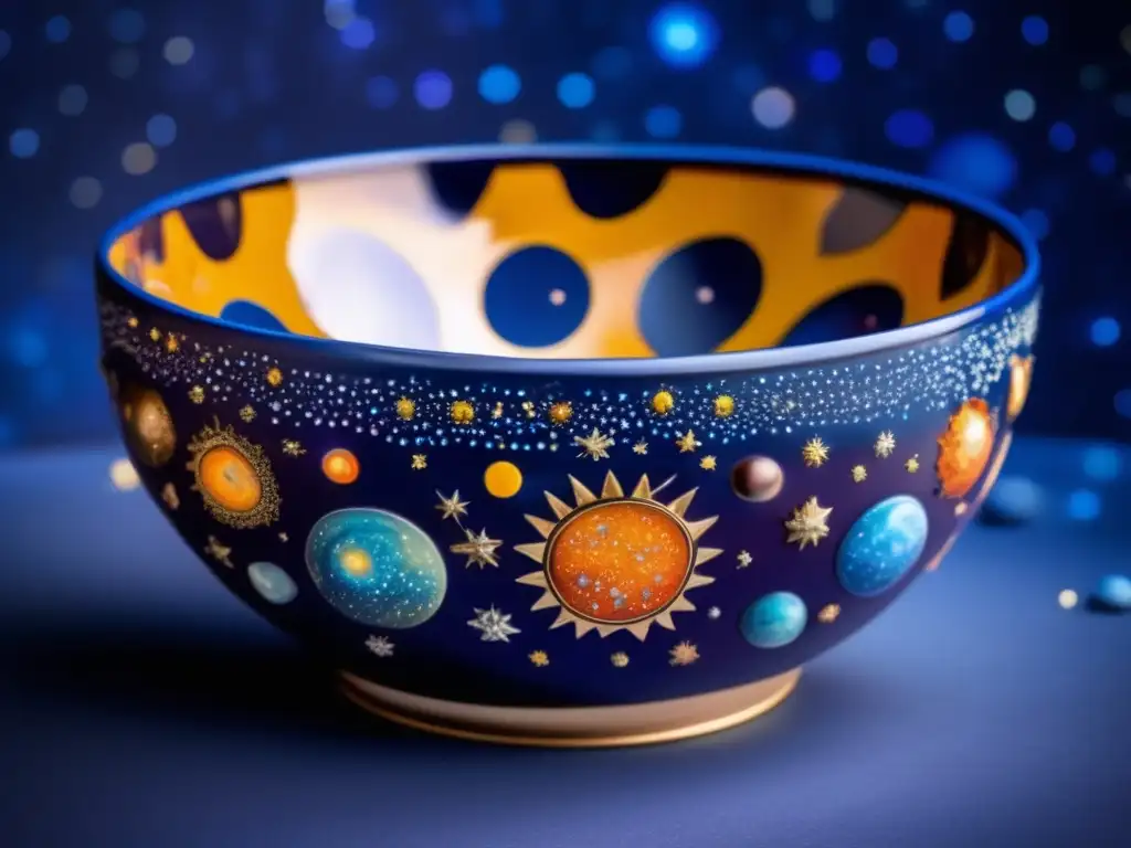 Representación de asteroides en cerámica y vidrio: Bowl celestial con asteroides y galaxias en cerámica pintada a mano