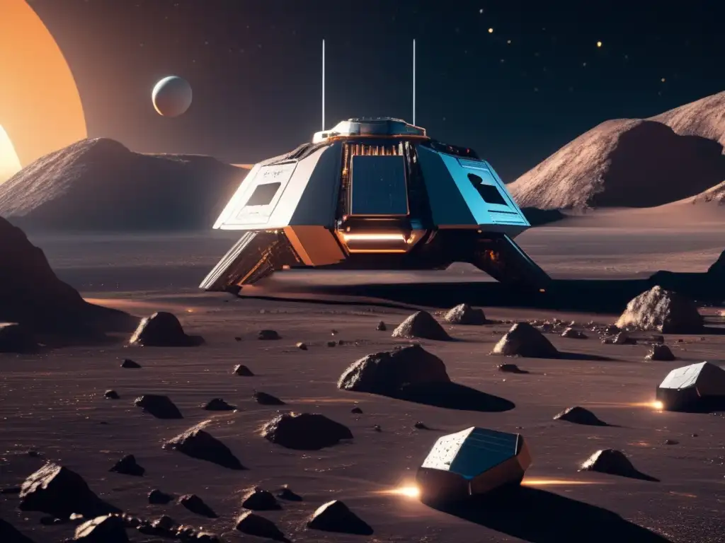 Explotación de asteroides cercanos: nave espacial futurista en operación minera en un asteroide
