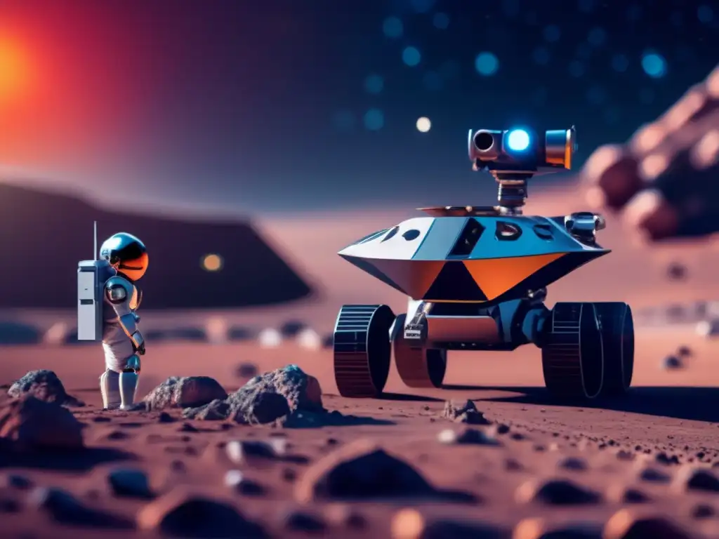 Exploración robótica en asteroides cercanos a la Tierra: robot futurista en un asteroide con el espacio de fondo