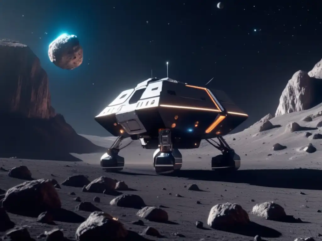 Exploración robótica de asteroides cercanos a la Tierra: nave espacial futurista en un asteroide, con brazos robóticos realizando diversas tareas