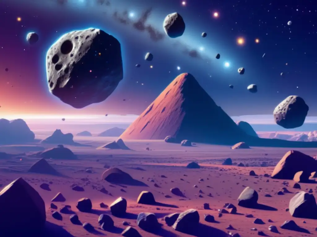 Asteroides en la ciencia ficción: Impresionante imagen de campo de asteroides en el espacio, con colores vibrantes y nebulosa cósmica