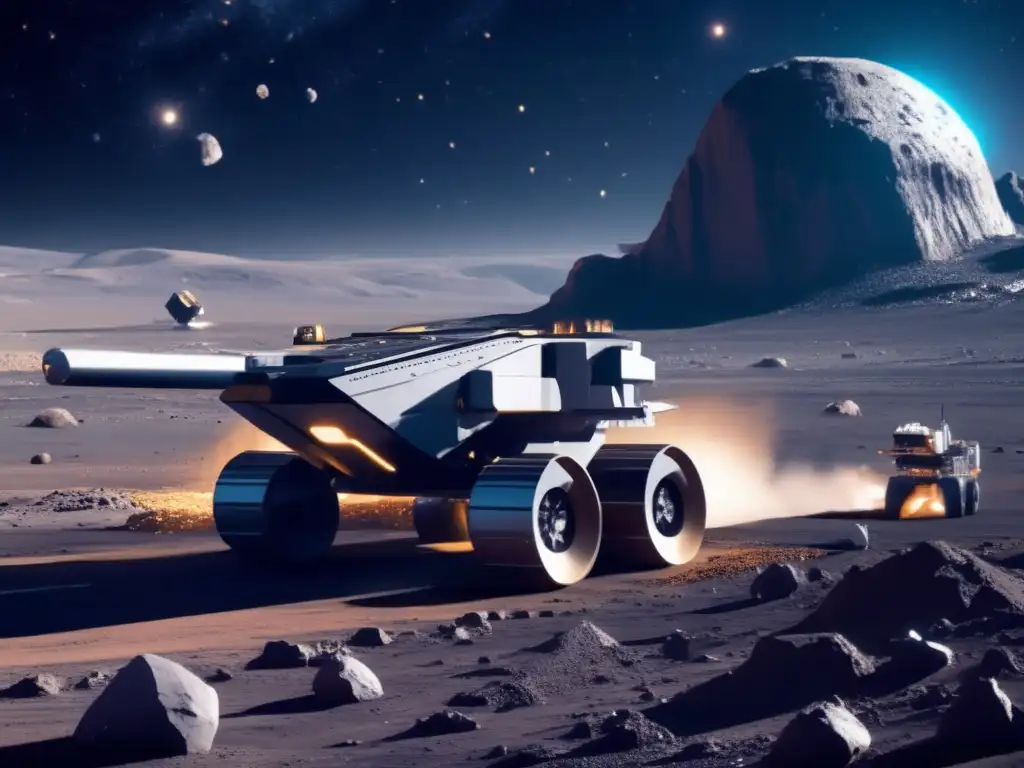 Explotación asteroides: complejo industrial futurista en asteroide, maquinaria avanzada, transporte a la Tierra