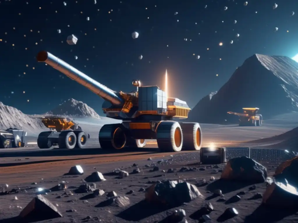Asteroides en curso de colisión: Operación minera futurista en asteroide con maquinaria avanzada y astronautas en trajes espaciales tecnológicos