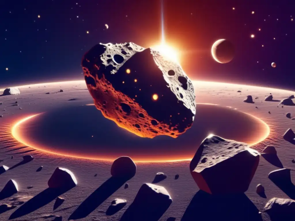 Asteroides Damocloides en el universo: imagen detallada de un asteroide con forma irregular, cubierto de cráteres y rocas, brillando en el espacio junto al sol