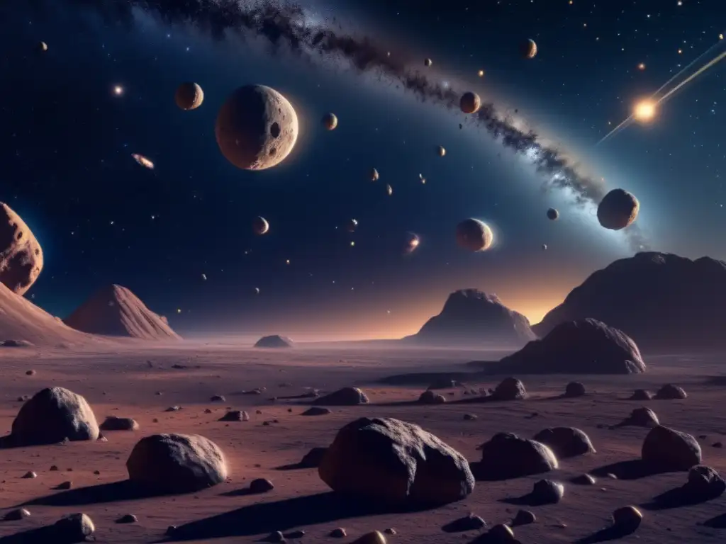 Exploración y explotación de asteroides en un deslumbrante 8k ultradetallada imagen del espacio, con asteroides flotando graciosamente en primer plano