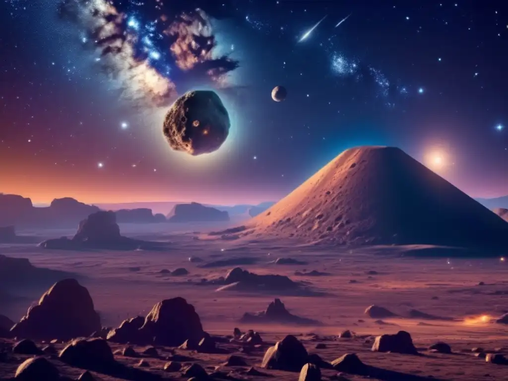 Asteroides y dioses del Olimpo: Una escena celestial se despliega ante nuestros ojos, con un asteroide colosal y naves espaciales de alta tecnología