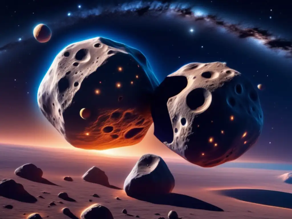 Asteroides dobles: identificación y clasificación - Imagen detallada en 8k de dos asteroides en danza gravitacional, revelando su historia y belleza