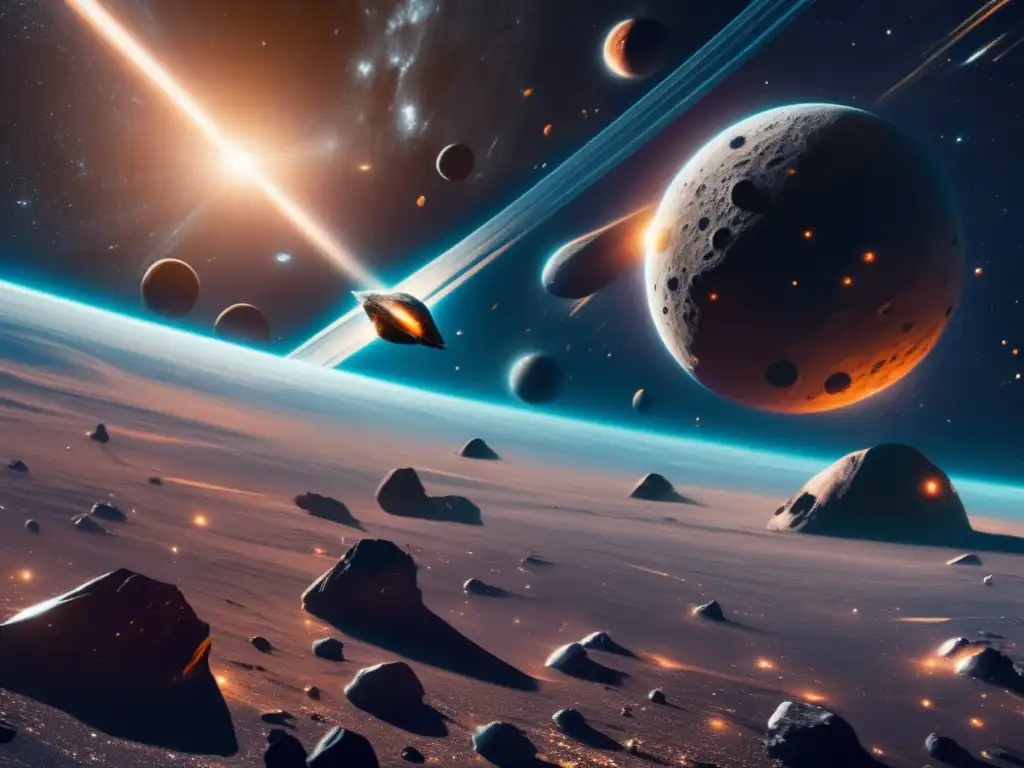 Exploración y explotación de asteroides en el espacio: 8K imagen detallada con nave espacial futurista, asteroides y paisaje cósmico brillante