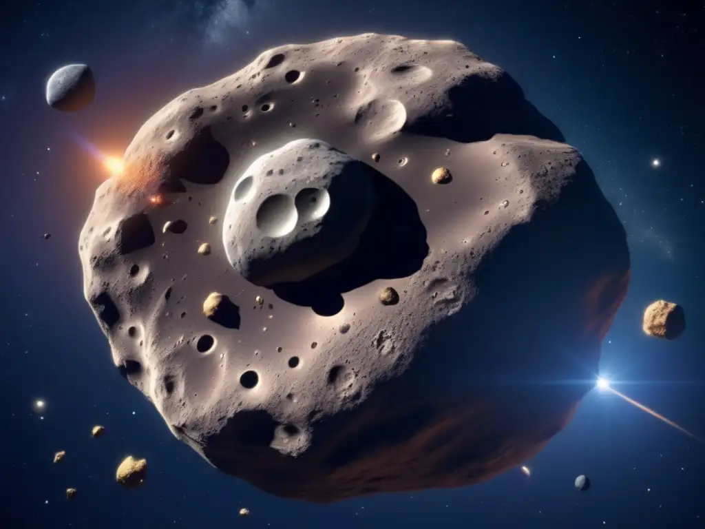 Composición metálica de asteroides flotando en el espacio, rodeados de otros asteroides