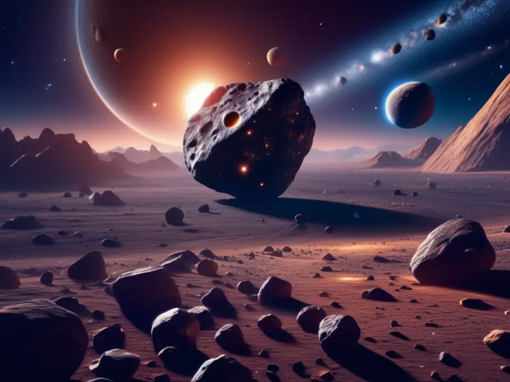 Asteroides como estaciones hacia Marte: imagen 8k detallada del espacio con asteroides y una galaxia espiral