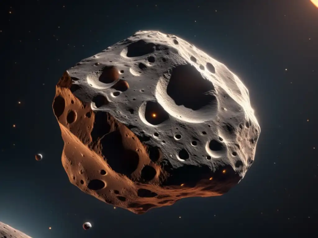 Composición asteroides eventos extinción masiva: Asteroida 8k detallado en el espacio, con superficie rugosa y formaciones geológicas diversas