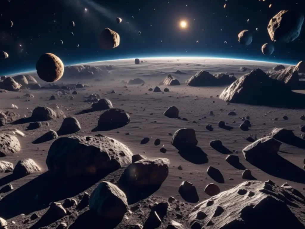 Exploración ética de asteroides en un fascinante campo de asteroides 8k ultra detallado, con cuerpos celestes rocosos flotando en el espacio
