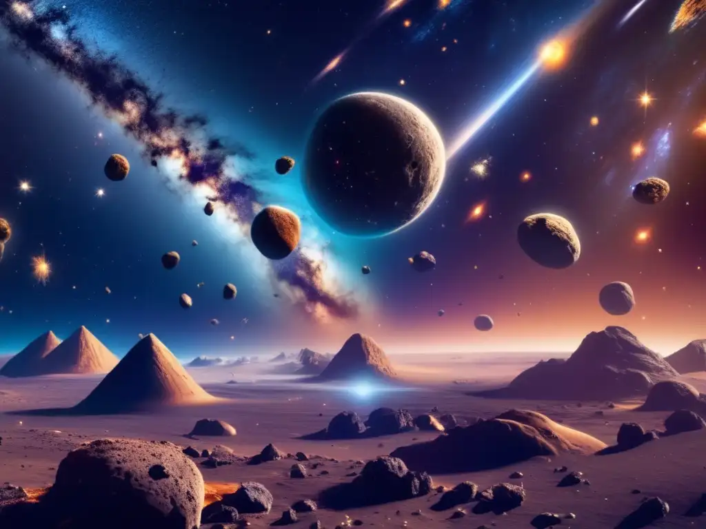 Exploración y explotación de asteroides: Una fascinante vista del espacio con una galaxia en movimiento y un grupo diverso de asteroides flotando