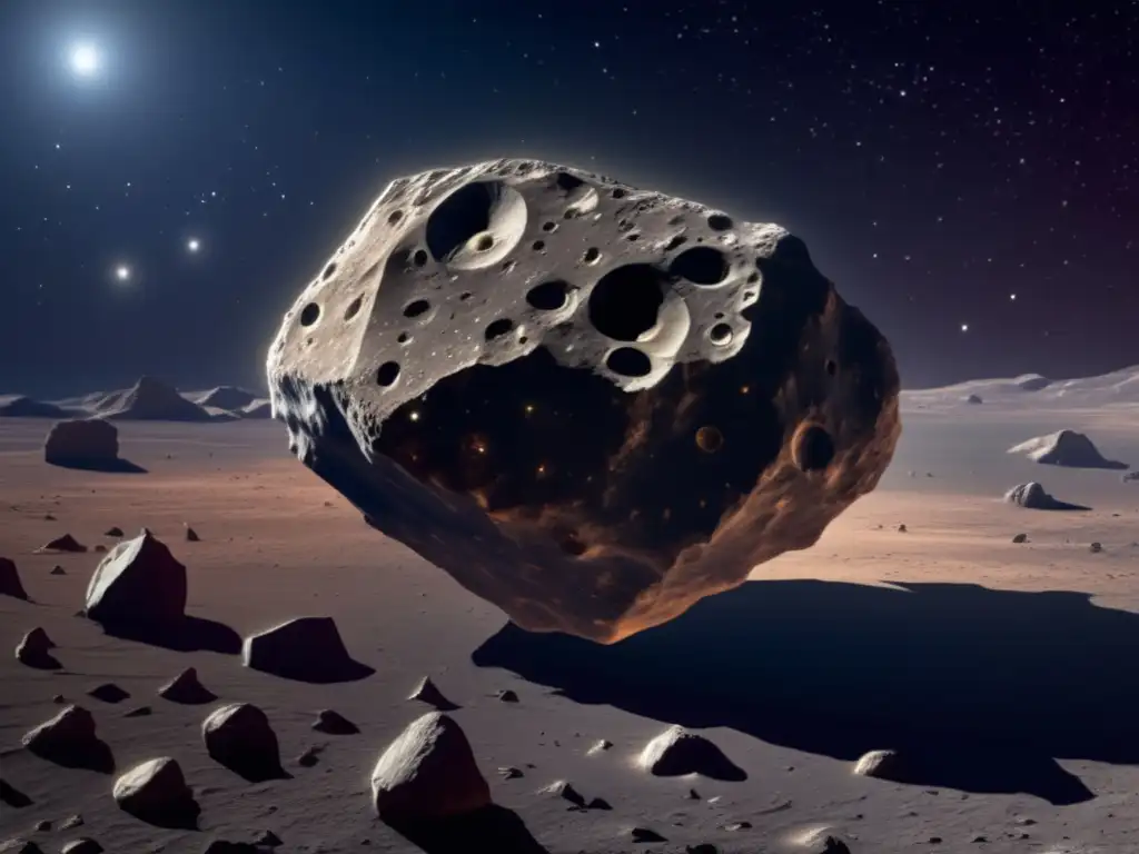 Exploración asteroides grandes deformes en el espacio: imagen impactante de un asteroide irregular con cráteres, bordes rugosos y superficie desigual