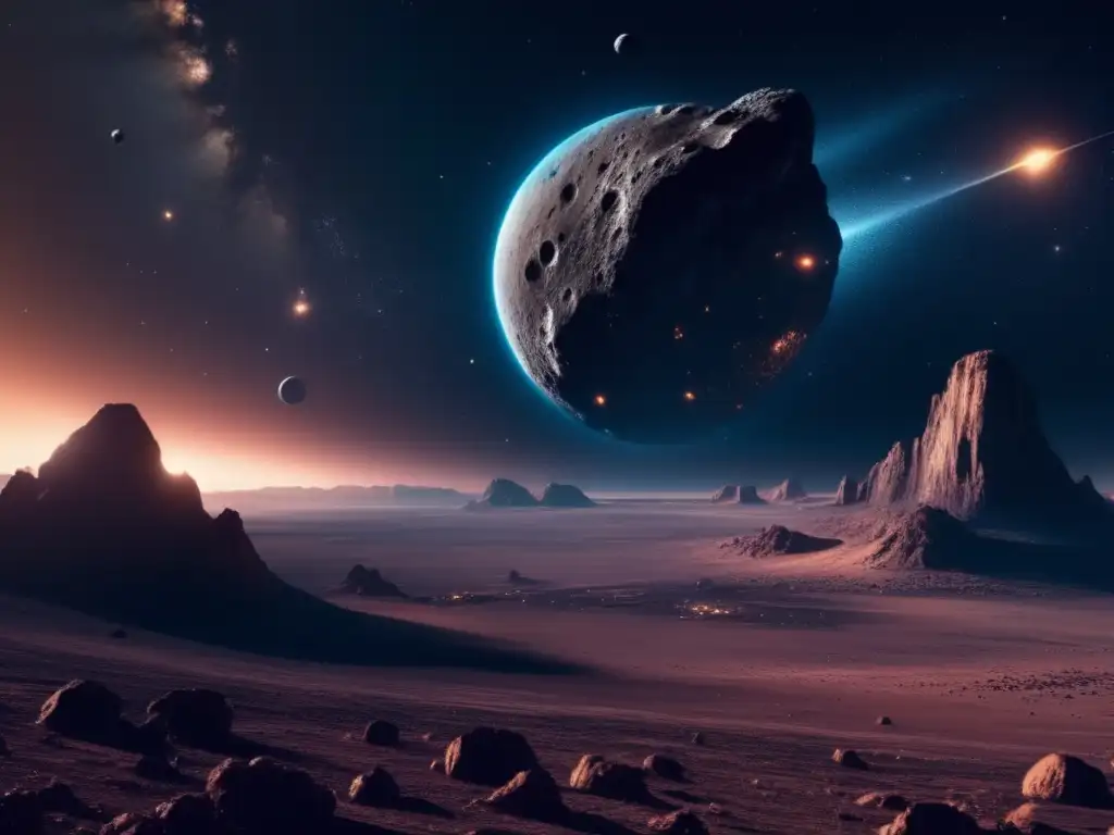 Colonización ética de asteroides: imagen cinematográfica impresionante de un asteroide rodeado de naves espaciales