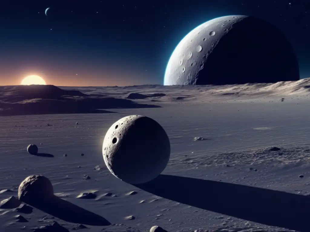 Exploración y explotación de asteroides en una imagen detallada de Ceres y una flota de naves espaciales futuristas