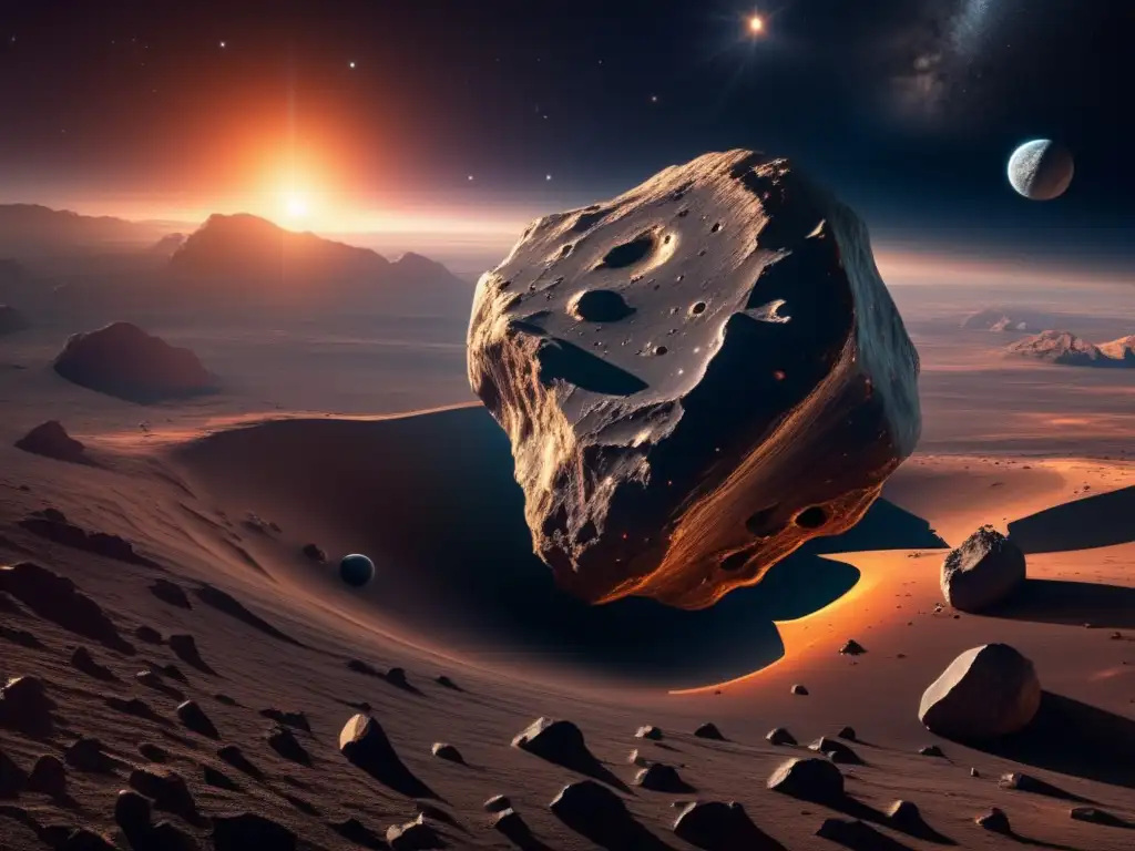 Exploración y explotación de asteroides: Imagen impactante de un asteroide rodeado de estrellas, con una nave espacial futurista acercándose