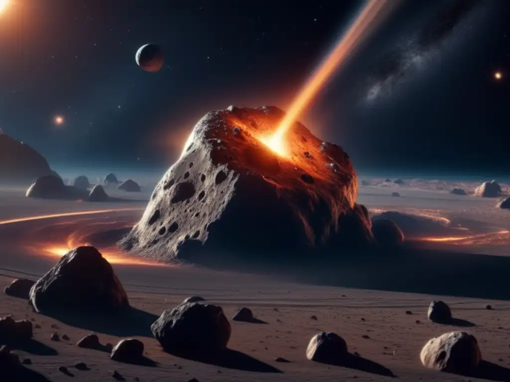 Preparación para desviar asteroides: imagen impactante de asteroide metálico en el espacio rodeado de sondas y naves espaciales