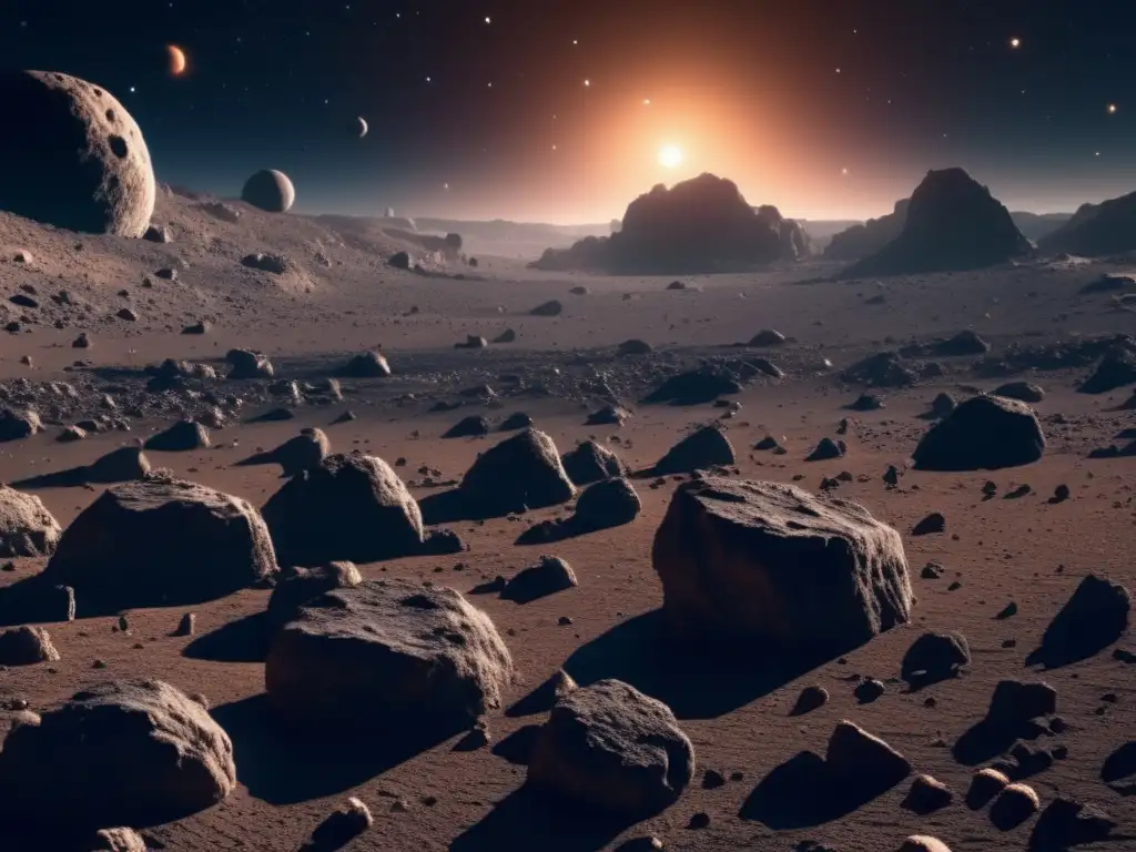 Exploración ética de asteroides: Imagen impactante de campo de asteroides 8k ultra detallada, con cuerpos rocosos suspendidos en el espacio
