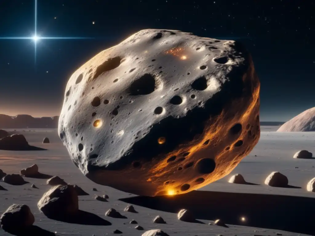 Exploración y explotación de asteroides en una imagen impresionante de 8k, mostrando una roca espacial con recursos valiosos y naves futuristas