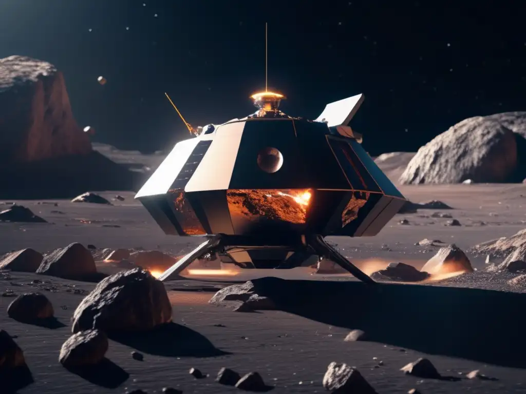 Exploración autónoma de asteroides: Imagen impresionante de una sonda espacial futurista sobre un asteroide masivo en el espacio profundo