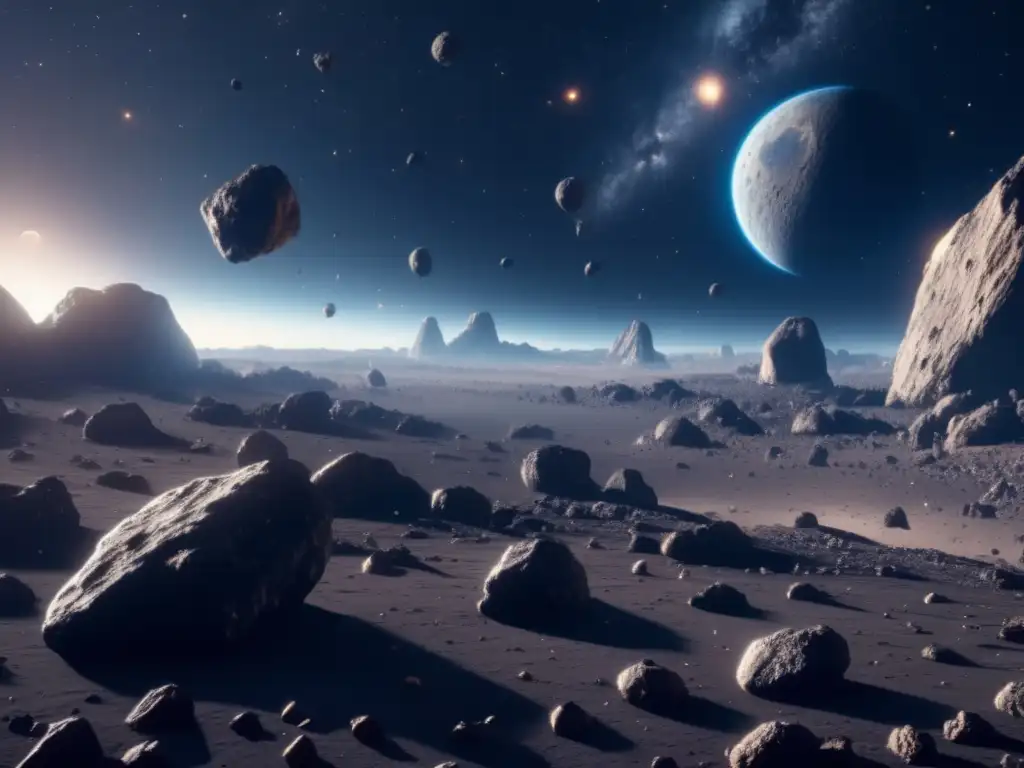 Asteroides: Imagen 8k impresionante de un vasto campo de asteroides, con detalles ultra detallados y bañados por una suave y etérea luz