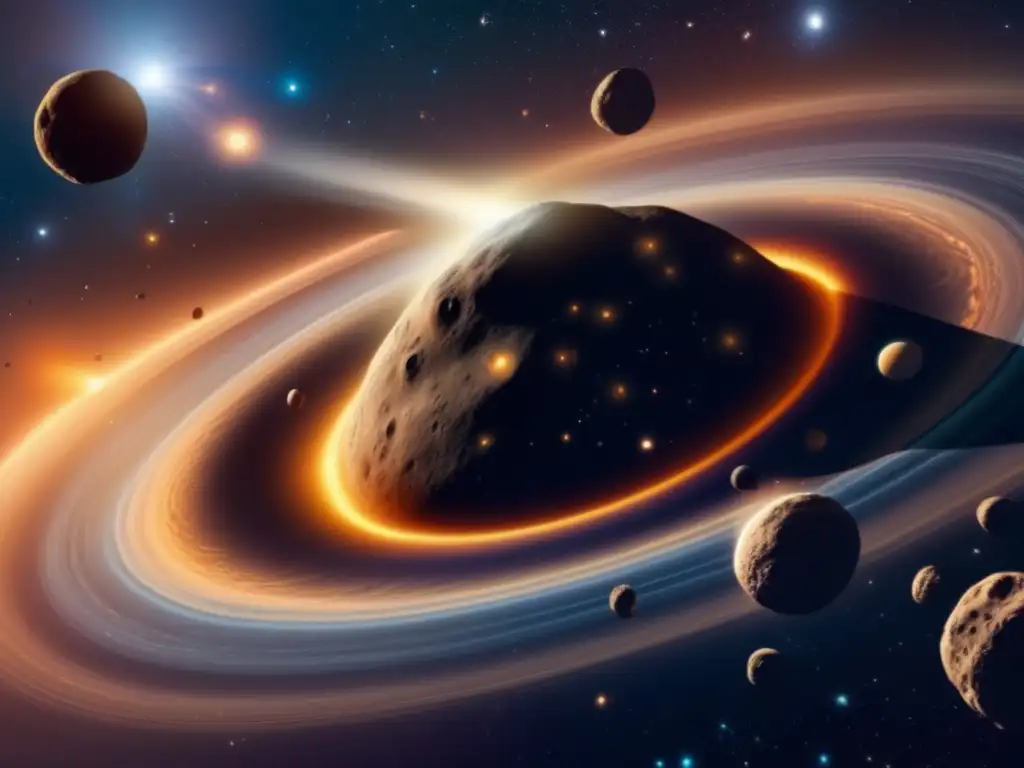 Formación y diferenciación de asteroides: imagen ultradetallada muestra escena cósmica con nubes de gas y polvo, discos protoplanetarios, asteroides de diferentes tamaños y composiciones, formas y características únicas