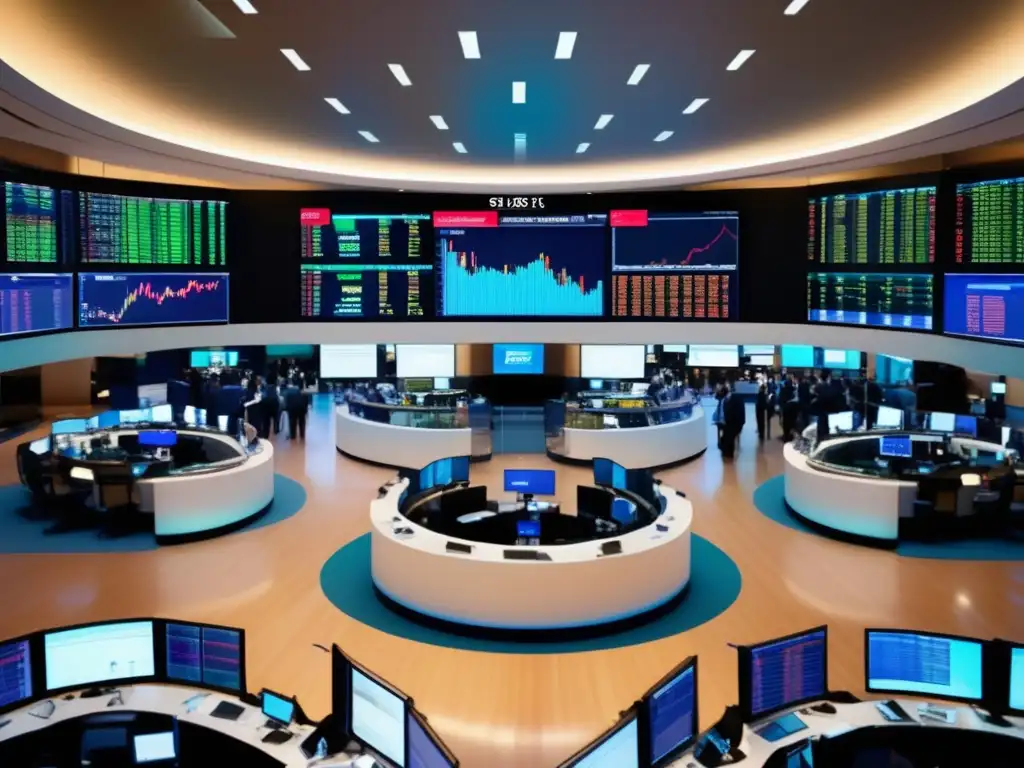 Exploración asteroides impacto bolsas: Imagen detallada de una bolsa de valores con traders y pantallas mostrando datos financieros en tiempo real