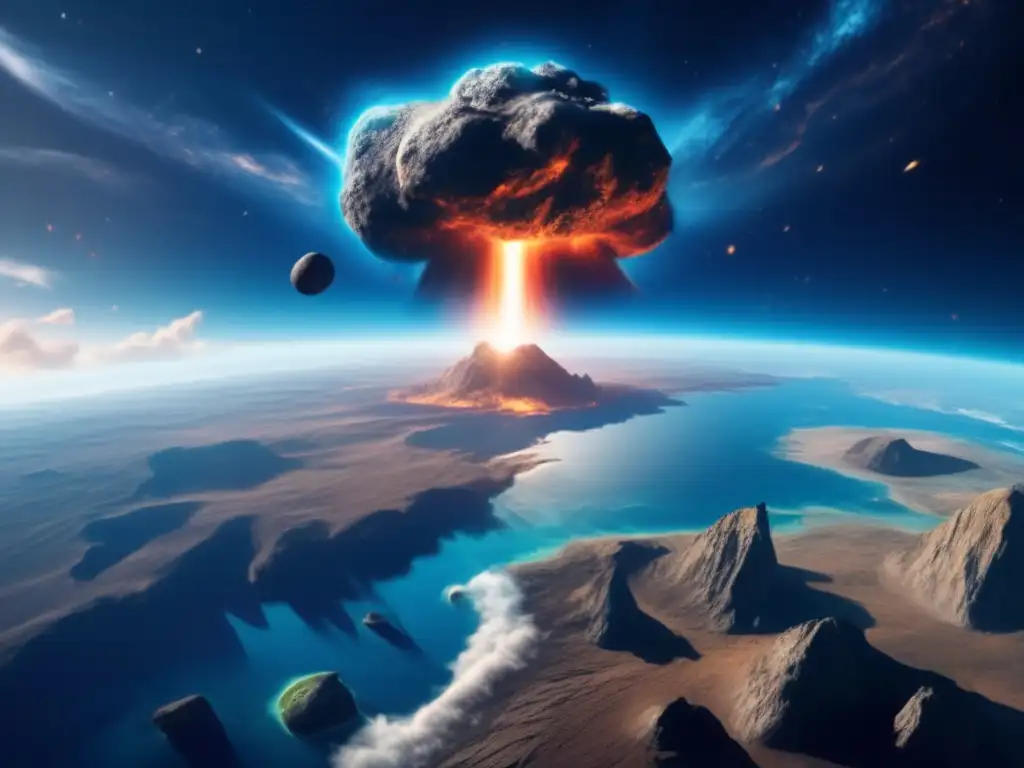 Asteroides impacto tierra futuro: escena cinematográfica de un asteroide acercándose a la Tierra desde el espacio