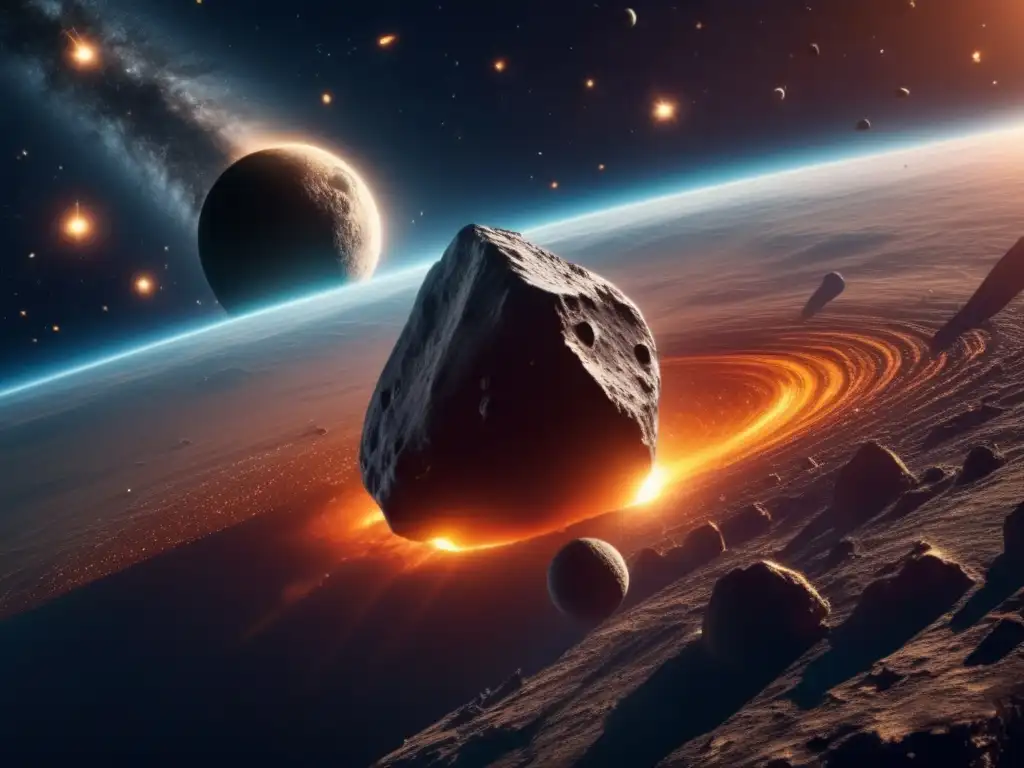 Asteroides impacto tierra futuro, imagen 8k detallada de espacio sideral con peligroso asteroide