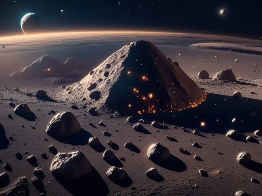 Asteroides impacto vida tierra - Imagen 8k detallada de espacio con asteroides variados, mineros extrayendo recursos y estrellas brillantes