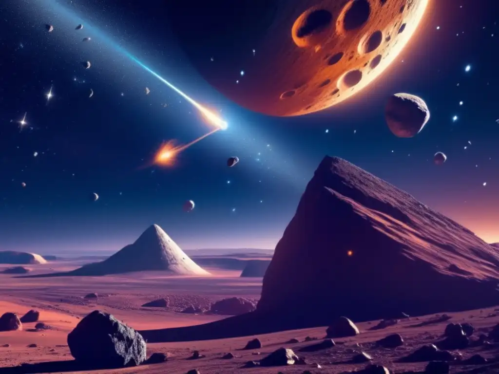 Exploración y extracción de asteroides: impresionante imagen celeste con nave minera y asteroides