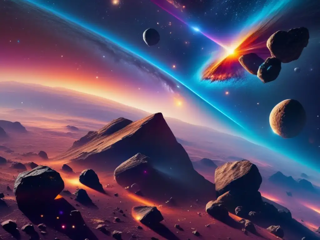 Colonización ética de asteroides: Impresionante imagen 8K del espacio con asteroides flotando en una vibrante nebulosa