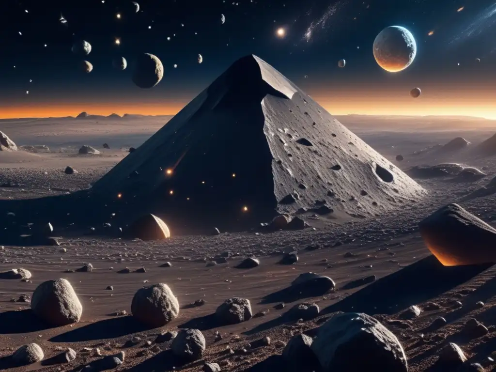 Exploración y explotación de asteroides en una impresionante imagen 8k que muestra un vasto espacio con campos de asteroides brillantes